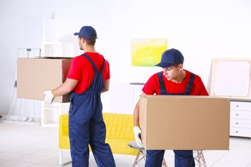 Removal team handling packed boxes during a residential move
